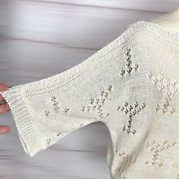MOODS of NORWAY Cream Knit Top Seeater Boat Neck Batwing Sleeves Linen Blend M - Picture 4 of 12
